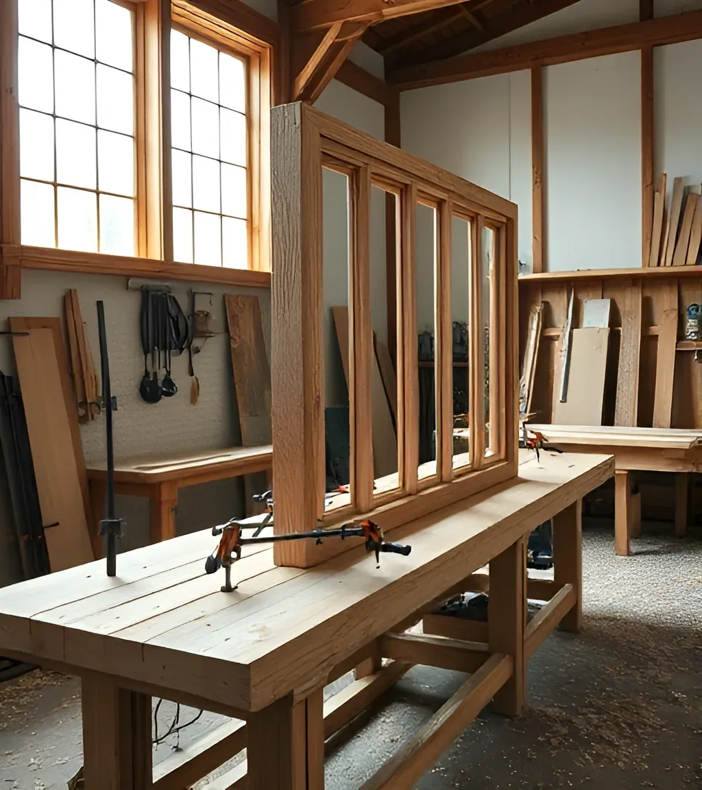 An oak window frame being assembled in the Como workshop