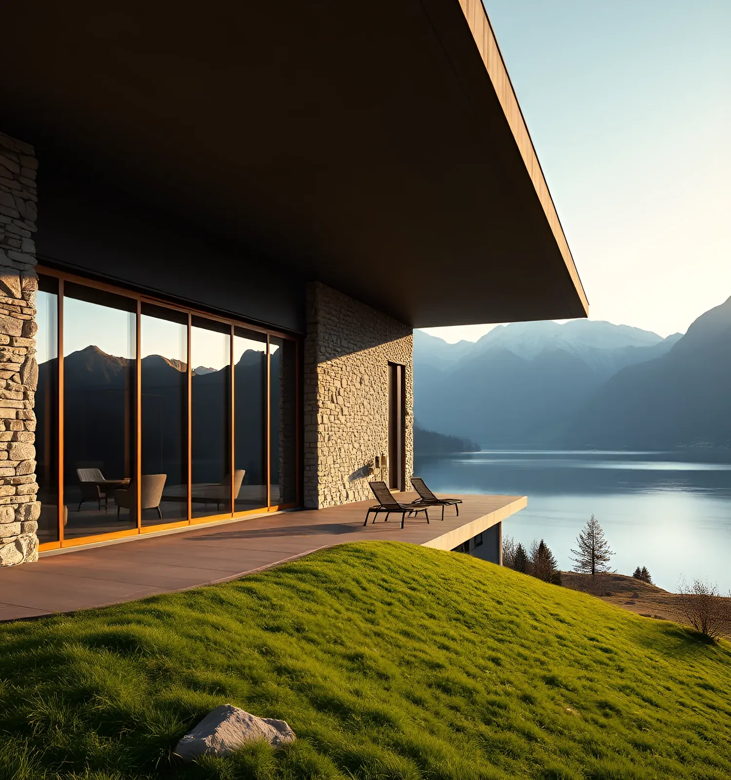 A single-storey house at dusk behind a wall of slim-framed glass