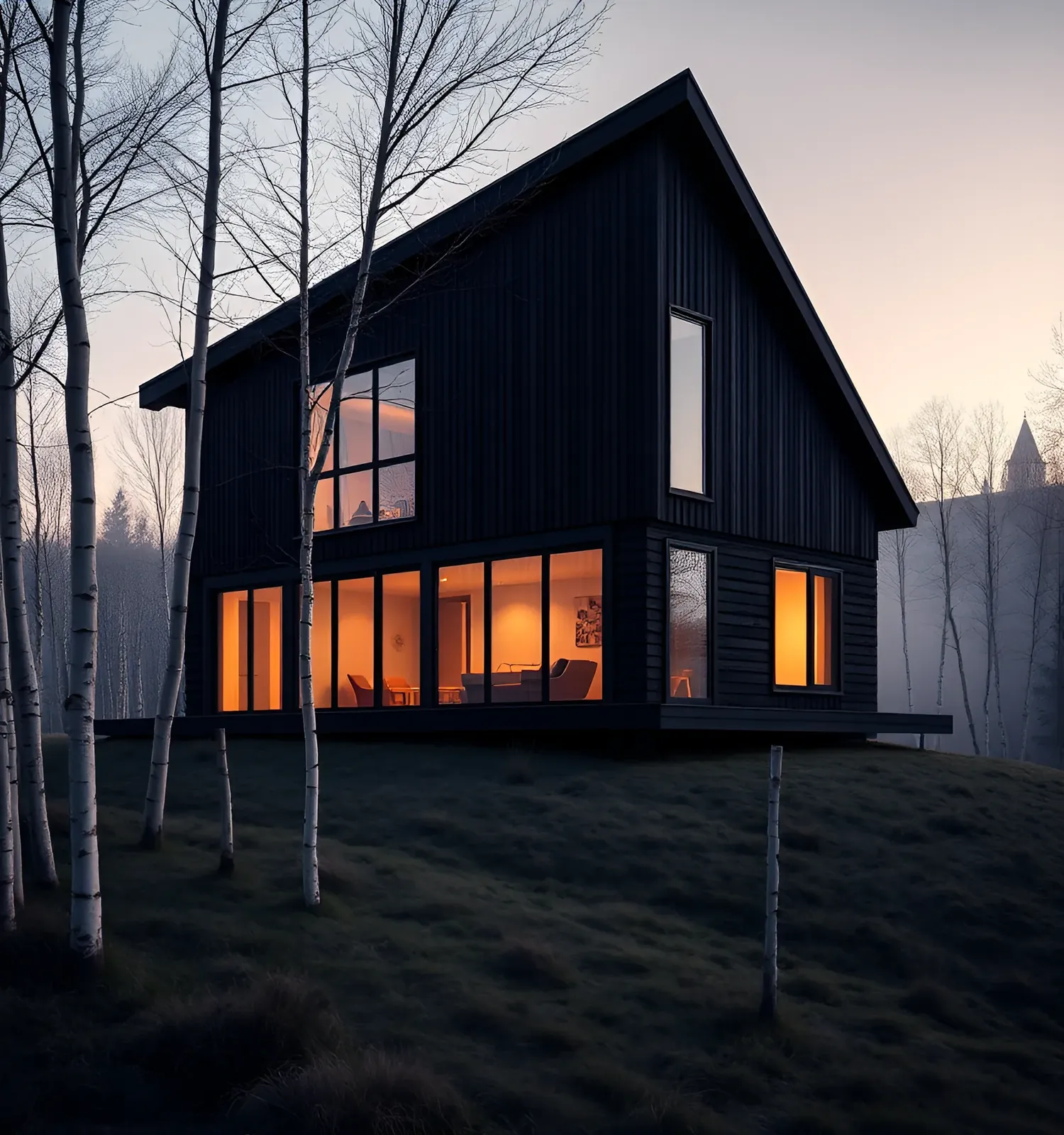 A dark timber house with glass corners among birch trees
