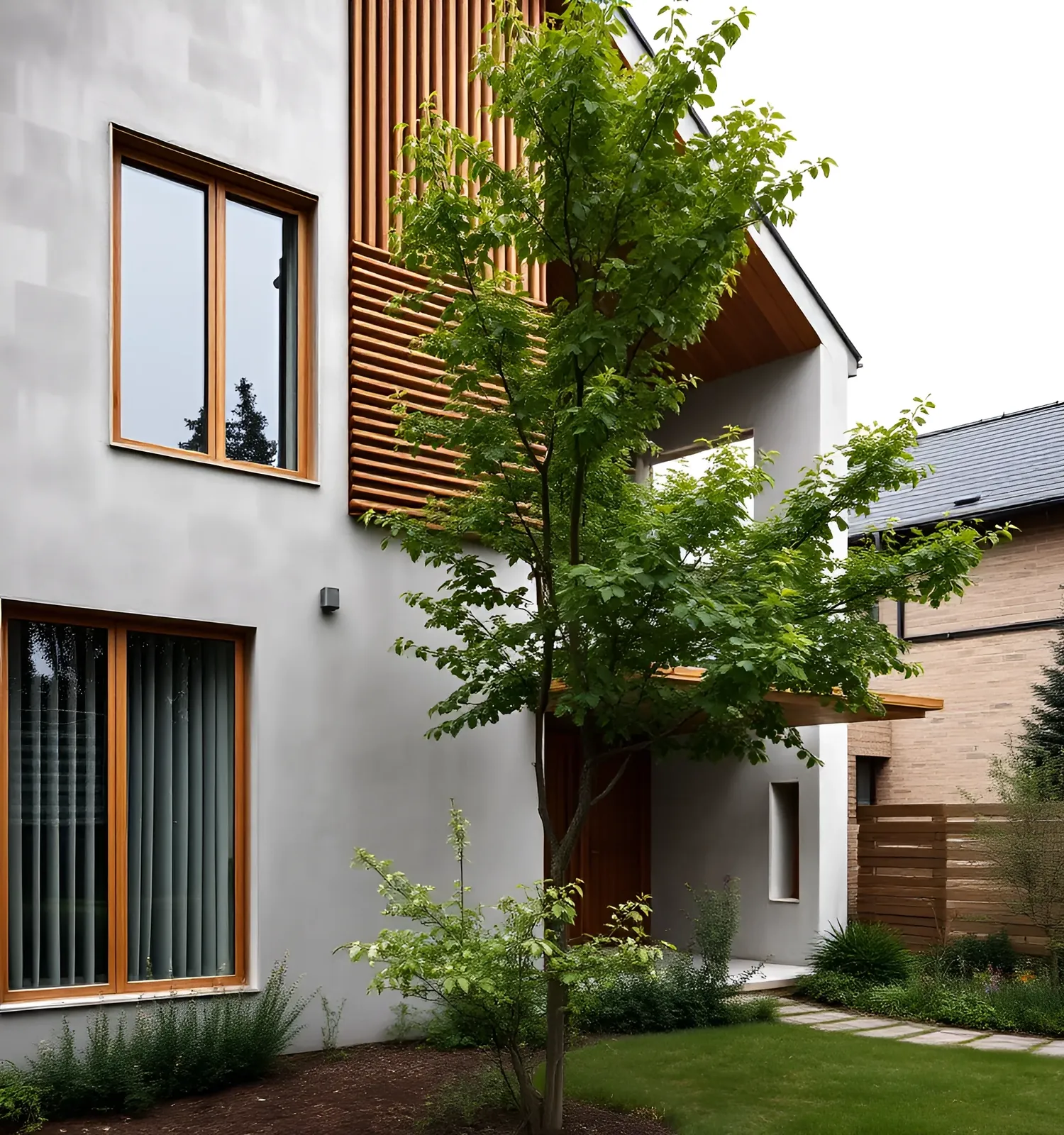 A concrete house with tall oak-framed windows