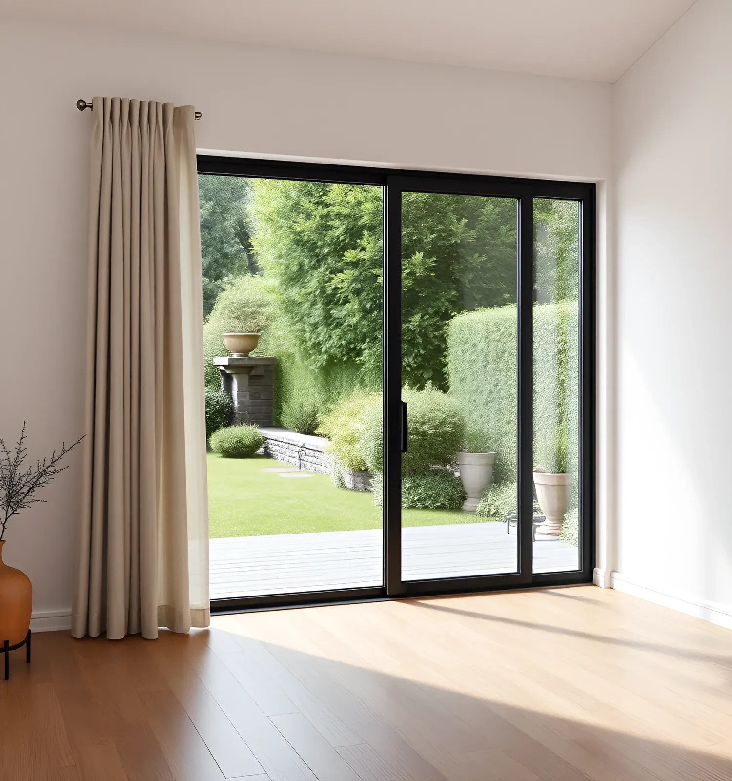 Black-framed sliding glass doors opening onto a garden